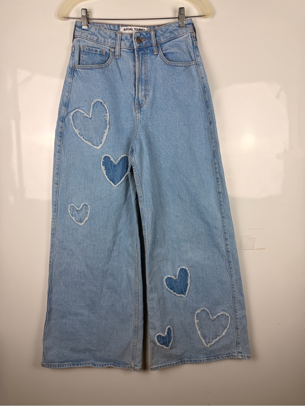 Social Tourist Light Blue Wide-Leg Jeans with Heart Appliqués